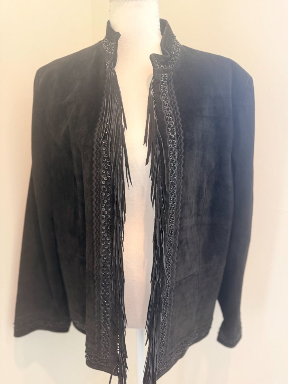Margaret Godfrey Vintage Black Suede Boho Western Fringe Sequin Jacket XL